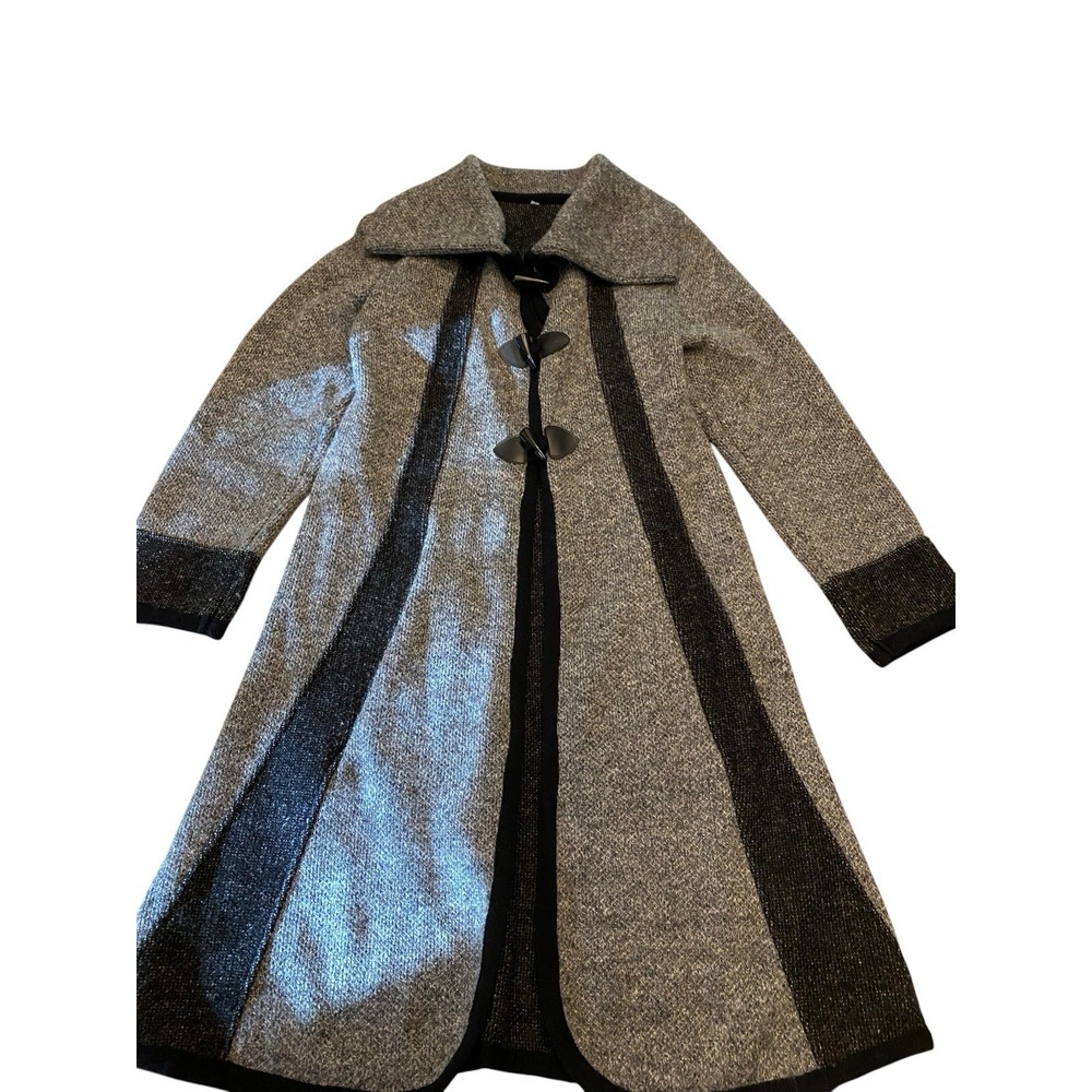 Women Knit Duster Sweater Coat Gray Black Toggle Closure Long Cardigan Jacket S